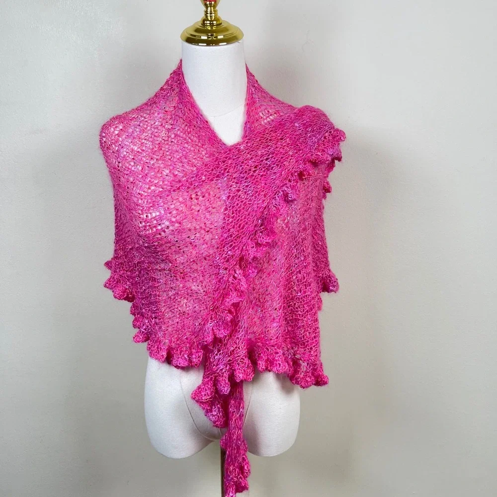 Vintage Pink Crochet Knit Ruffle Shawl Wrap Women Hot Pink Boho Shrug Y2K Fairy
